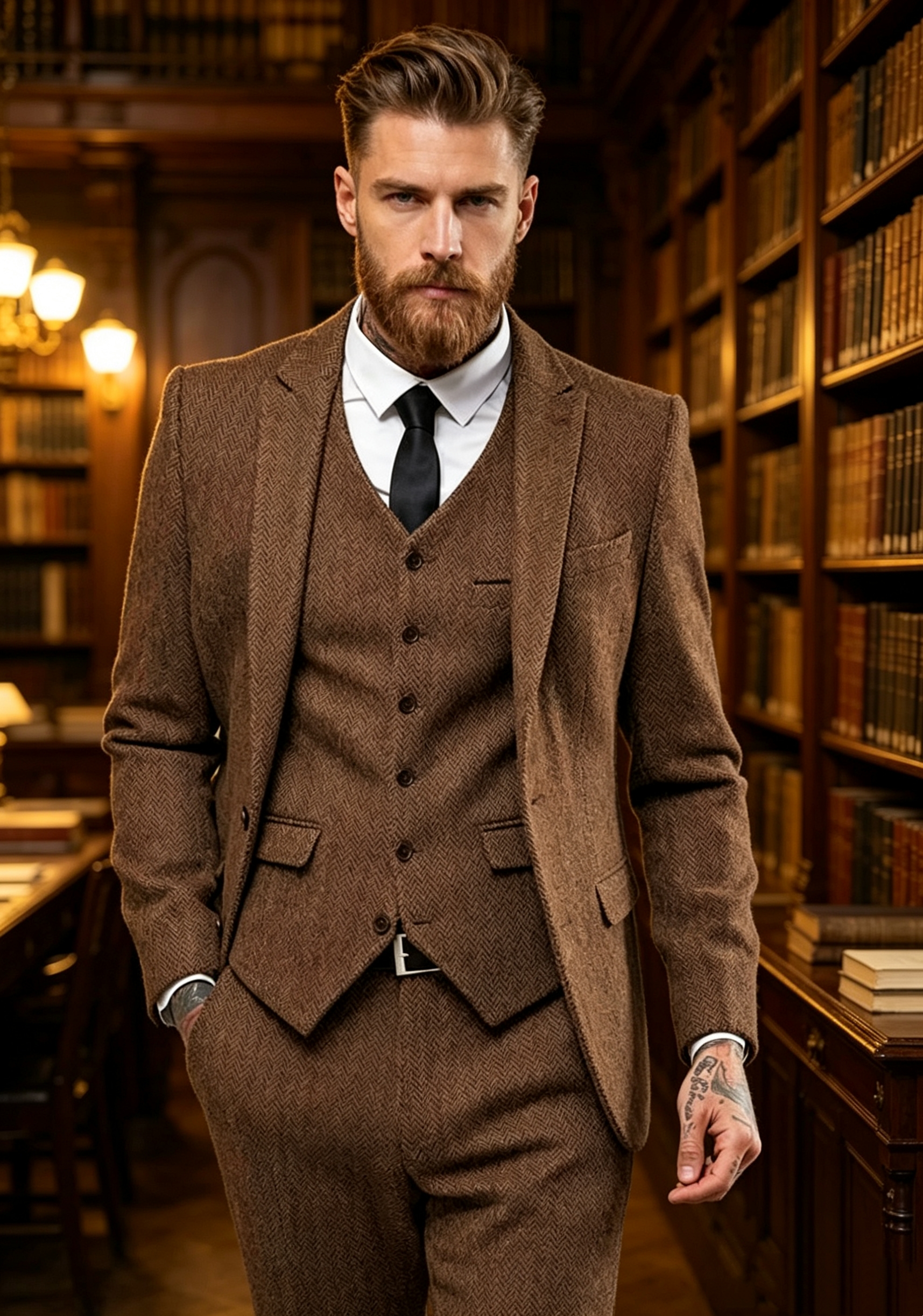 Young Men Formal Wear - Dark Brown Wool Tweed Winter Suit