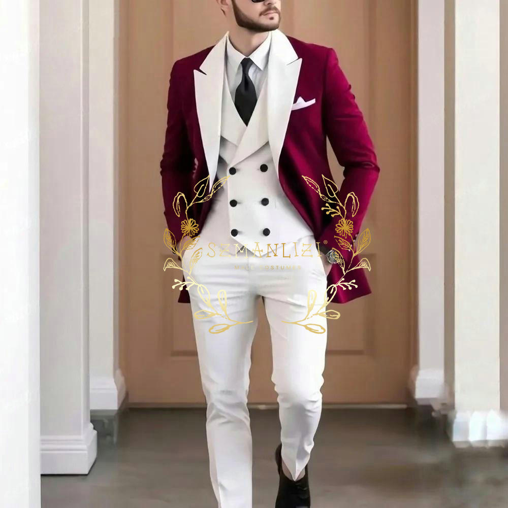 Men'S Formal Wear In Wedding - Elegant Burgundy 3-pieces Men's Suit High