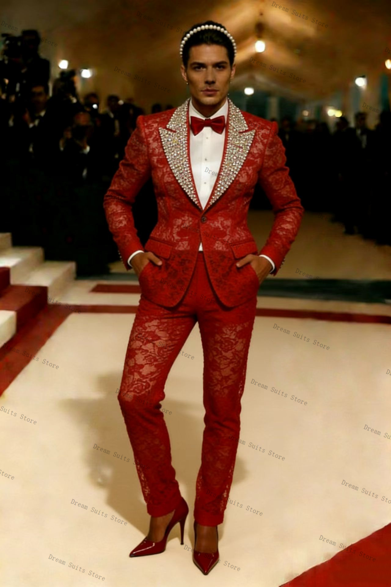 Gold Crystals Men Suit Set 2 P – обзор и цена Men Formal Wear Red